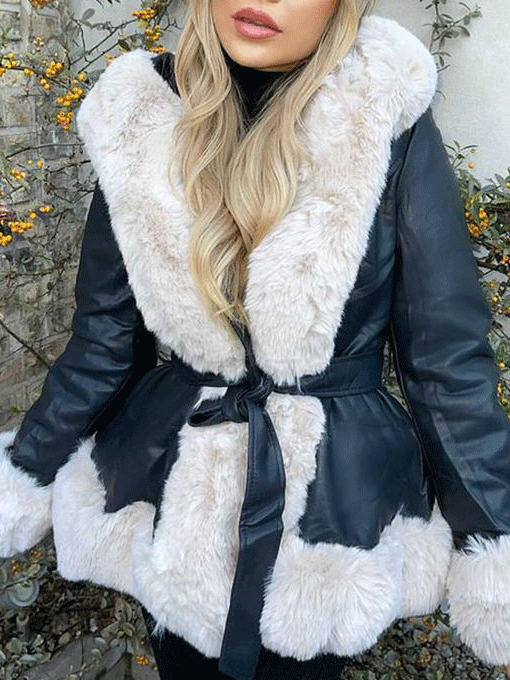 Fuzzy PU Leather Jacket with Belt