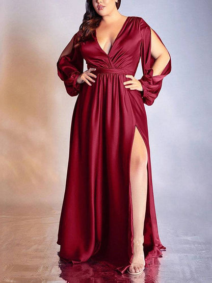 Women's Solid Long Sleeve Slit Maxi Dress