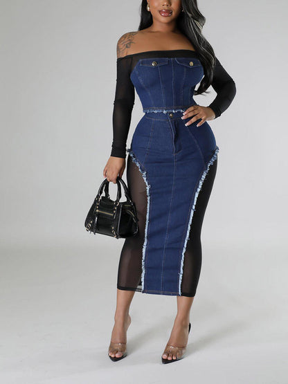 Women's Denim Mesh Skirt Set