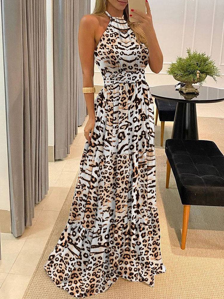 Print Halter Neck Backless Maxi Dress