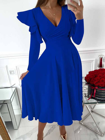 V Neck Ruffled Long Sleeved Dress