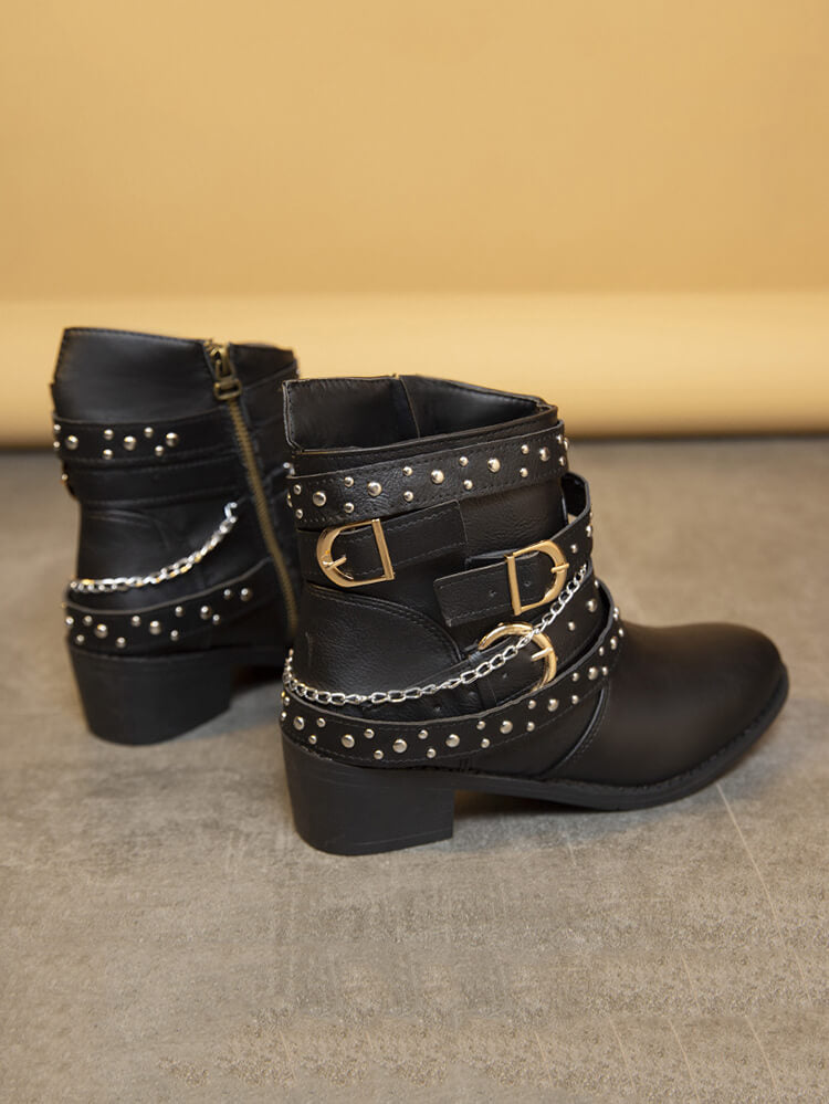 Belt Buckle Thick Heel PU Booties