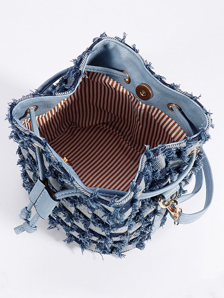 Women's Denim Checkerboard Drawstring Bucket Bag