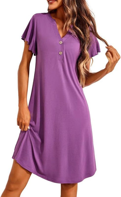 Women's Nightgown Short Sleeve Sleepshirt V-Neck Sleepwear Soft Nightshirt Pajama Dress