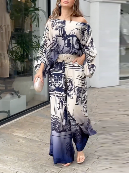 Printed Loose Puff Sleeves Off-the-shoulder Two-Piece Sets Pants Blouses