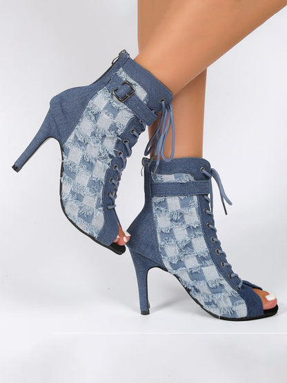 Hollow Out Lace-up Denim Boots