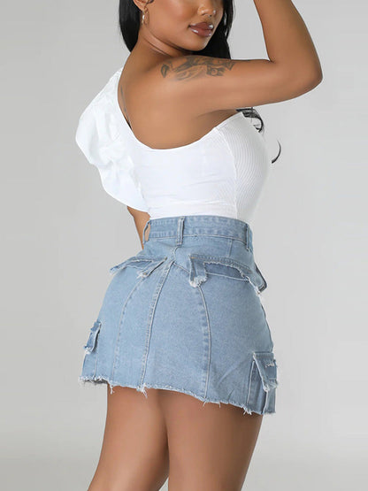 Denim Pockets Slit Skirt