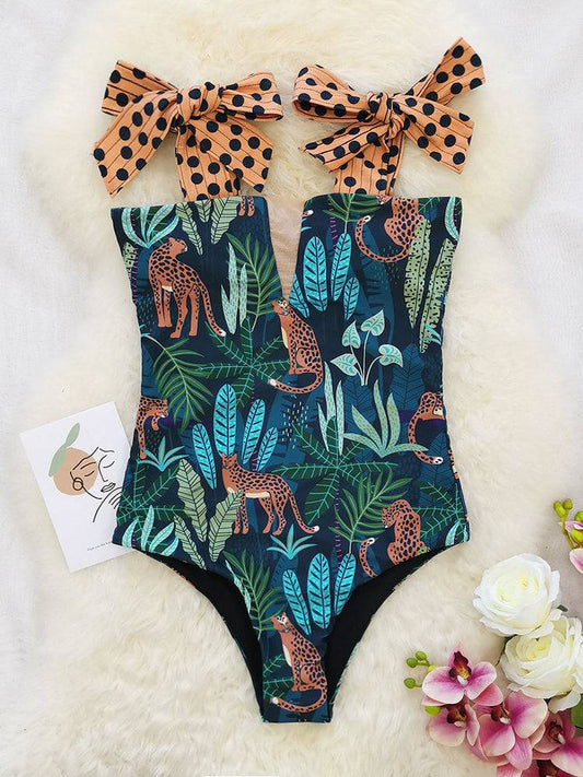 Tie Printed One Piece Swimsuit