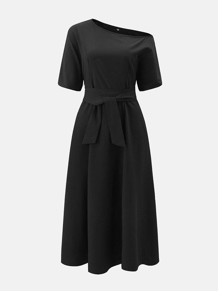 Oblique Neckline Half Sleeve Maxi Dress