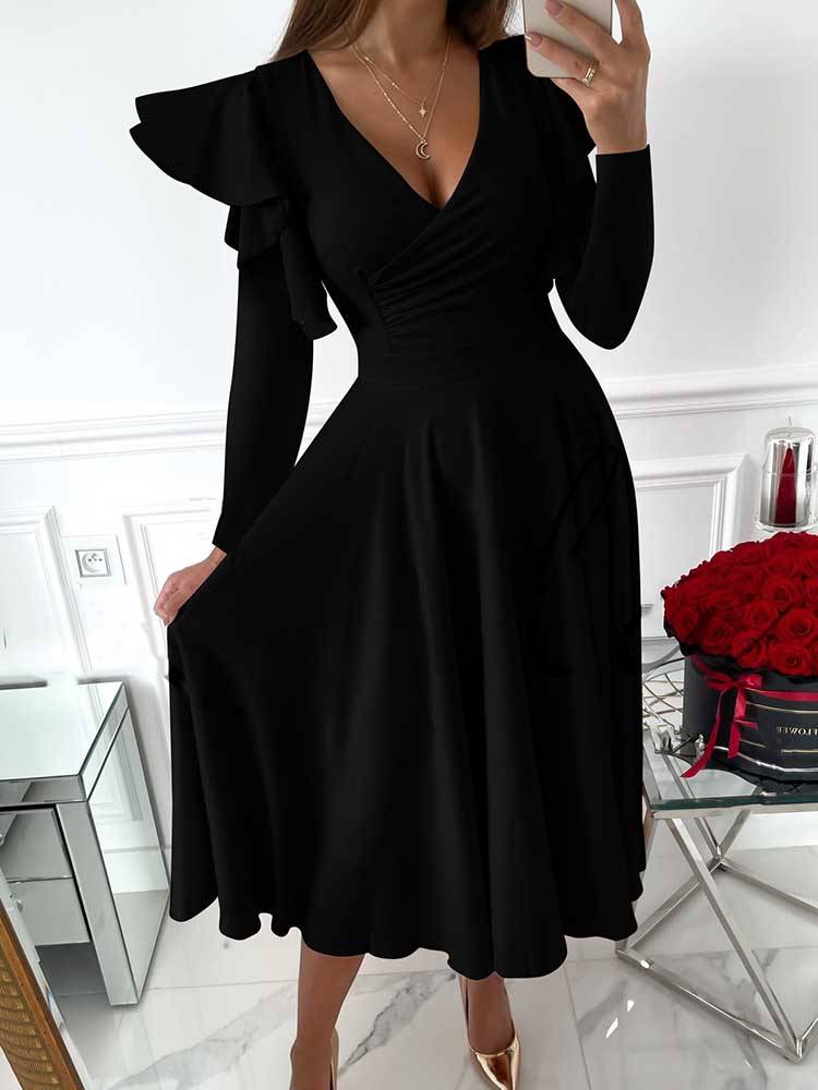 V Neck Ruffled Long Sleeved Dress