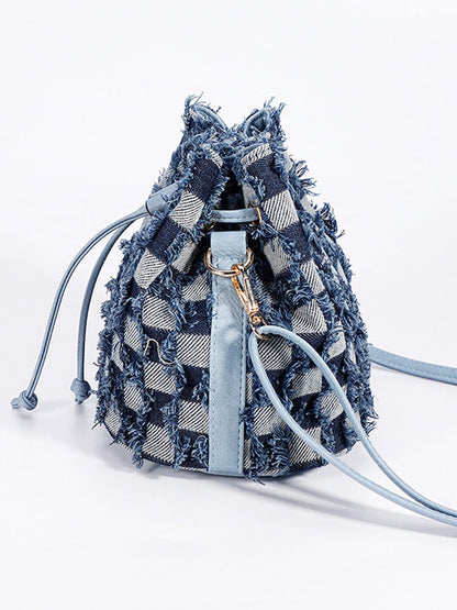 Women's Denim Checkerboard Drawstring Bucket Bag