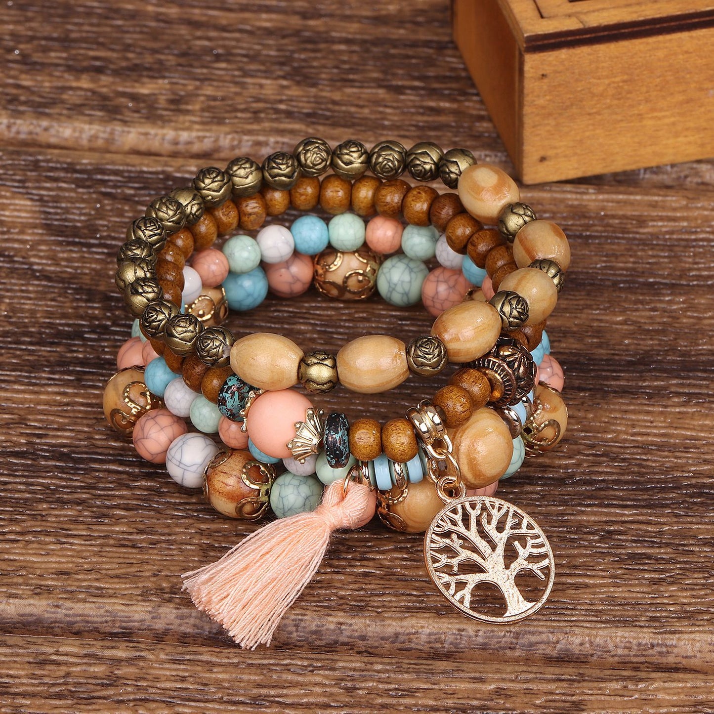 Multi-Layer Wooden Bead Beaded Bracelet Elastic Bracelet