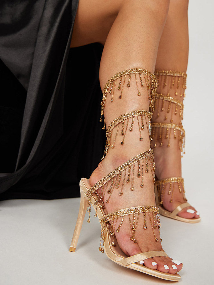Women's Embellished Fringe Wrap Heels