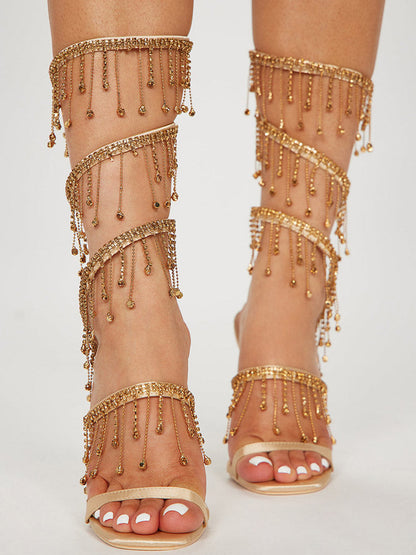 Women's Embellished Fringe Wrap Heels