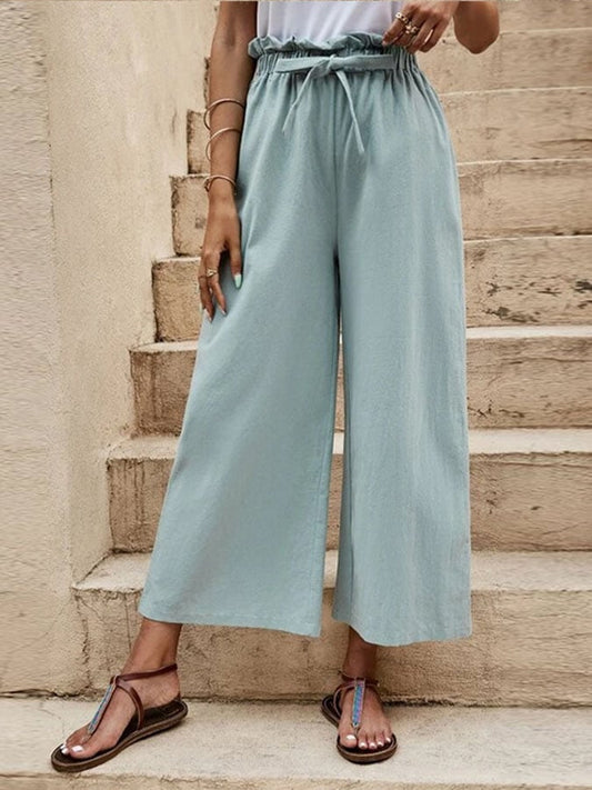 Temperament casual elastic waist cotton hemp belt wide leg pants loose capris