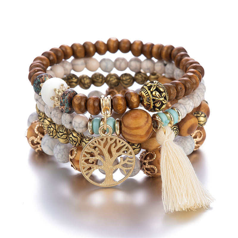 Multi-Layer Wooden Bead Beaded Bracelet Elastic Bracelet