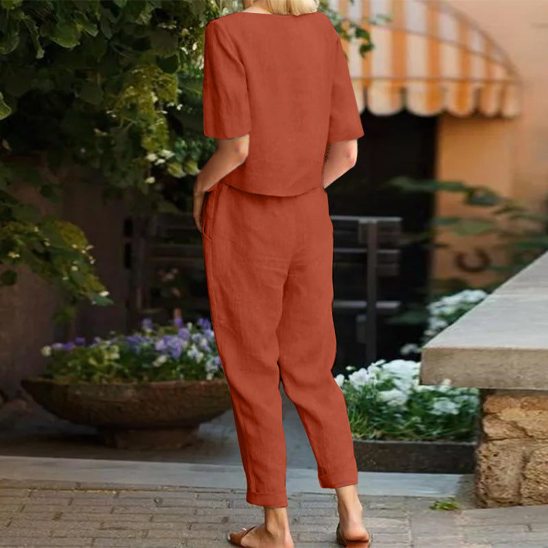 Summer Fashion Solid Color Short-Sleeved Trousers Two-Piece Suit (Including Belt)