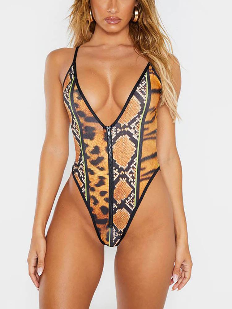 Snake Print Zipper Front Swimsuit