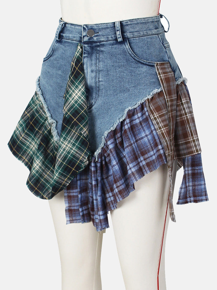Denim Patchwork Plaid Asymmetric Skirt
