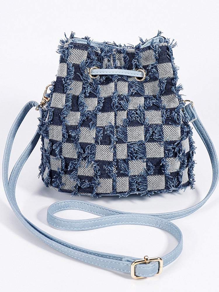 Women's Denim Checkerboard Drawstring Bucket Bag