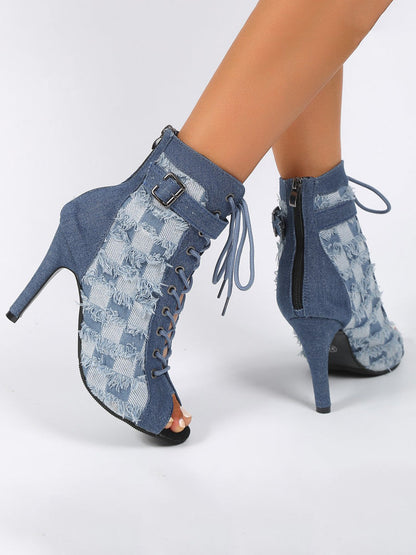 Hollow Out Lace-up Denim Boots