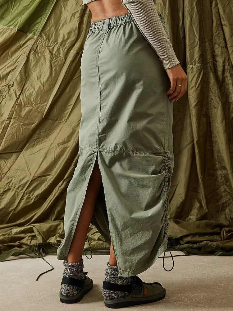 Drawstring Back Split Cargo Skirt