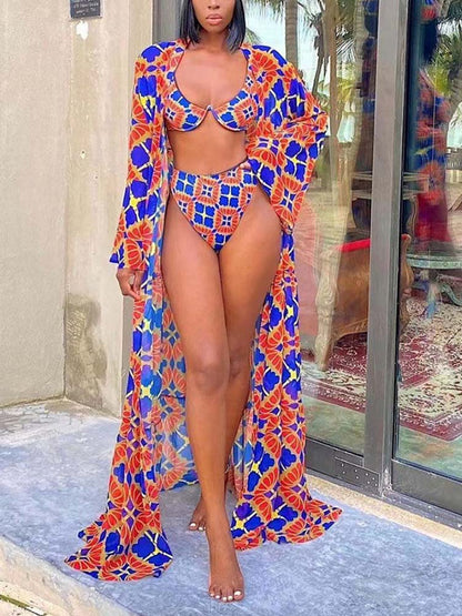 Printed Bikini Cover Up Swimsuit Set