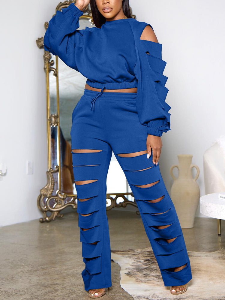 Cutout Sleeve Top Pants Set