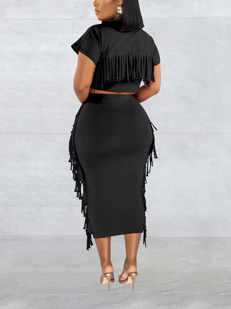 Fringe Crop Top Skirt Set