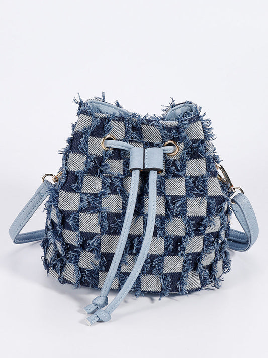 Women's Denim Checkerboard Drawstring Bucket Bag