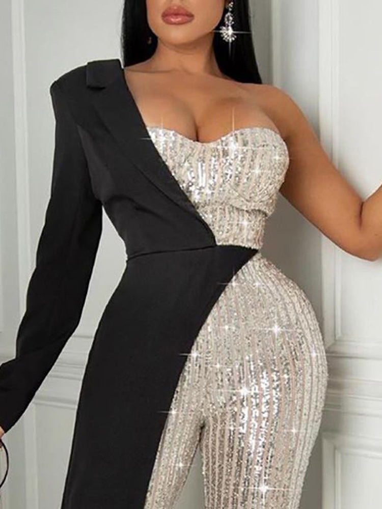 Women's Sequins Patchwork One Shoulder Jumpsuit