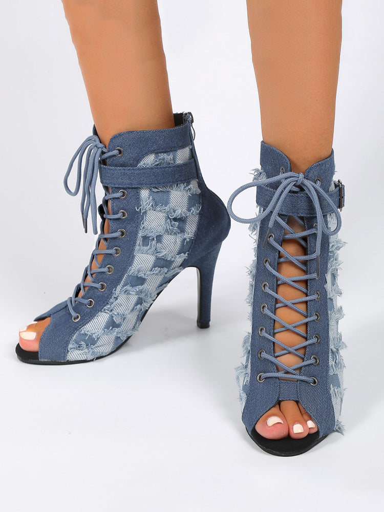 Hollow Out Lace-up Denim Boots