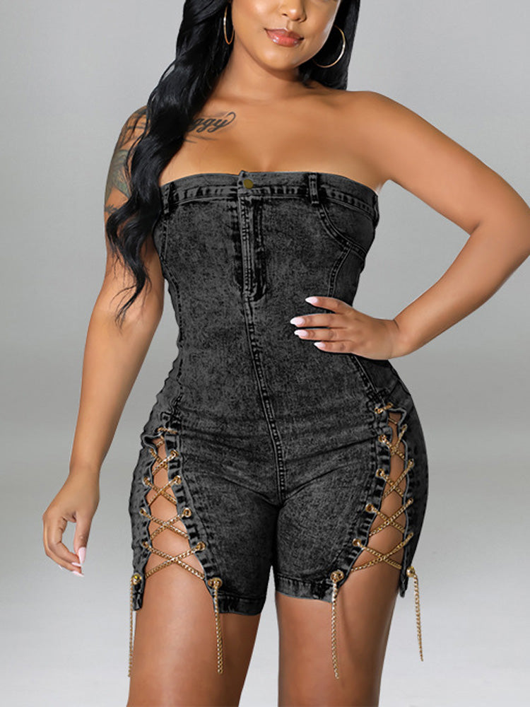 Strapless Denim Lace-up Romper