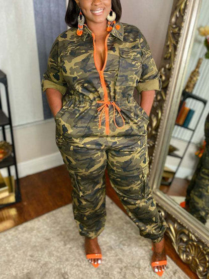 Camouflage Front Zipper Jumpsuit