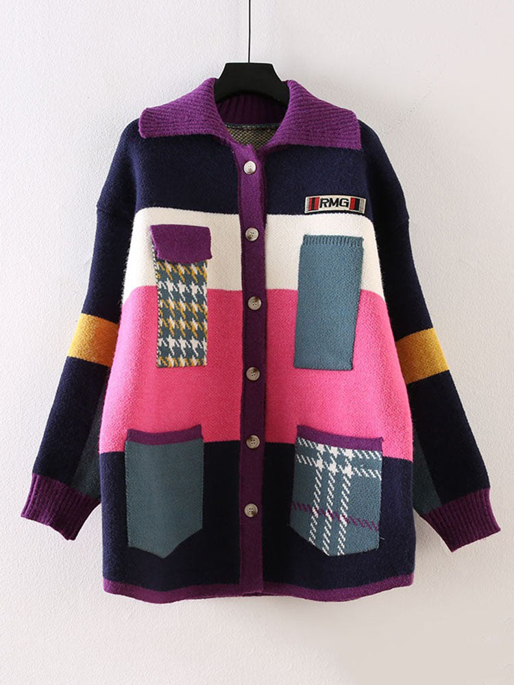Retro Color Block Sweater Cardigan