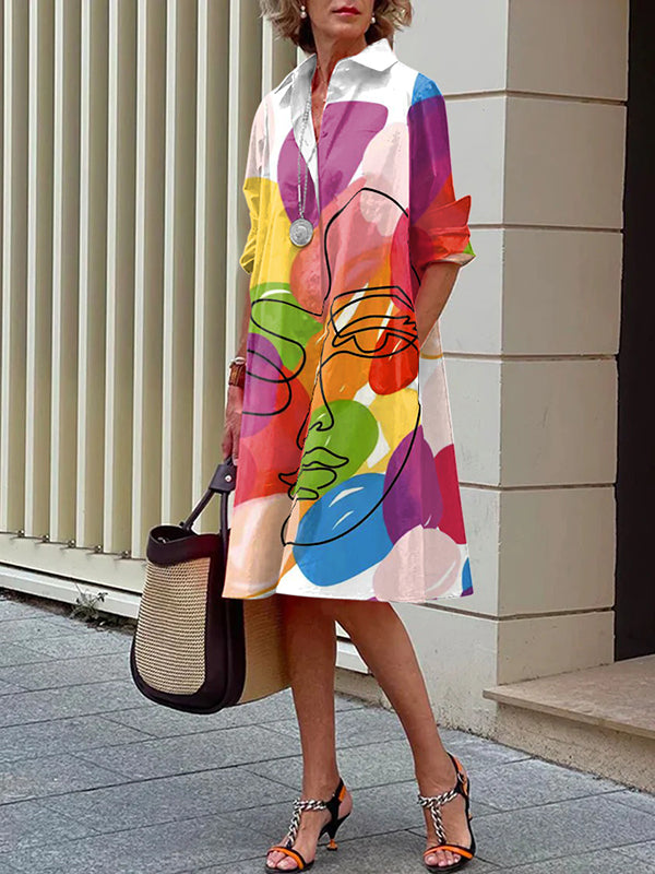 Long Sleeves Contrast Color Figure Printed Lapel Midi Dresses