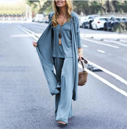 Loose Three-Piece Set V-neck Strap Straight-Leg Trousers Long Cardigan