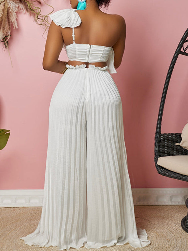 Ruffle One Shoulder Top Pleated Pants Set