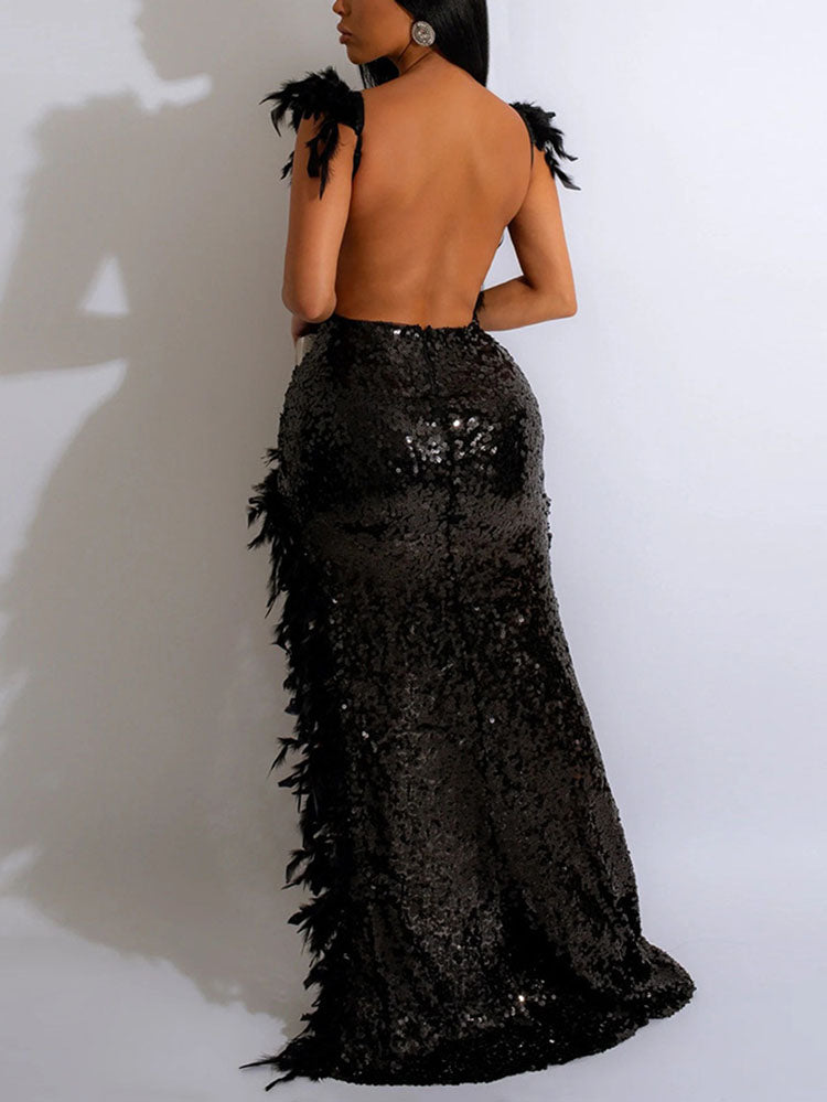 Women's Sequin Feather Slit Party Dress