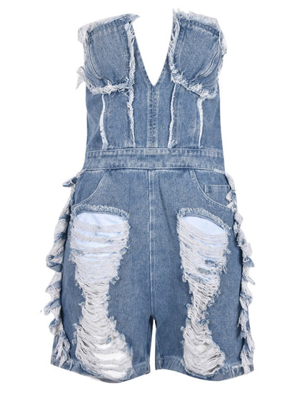 Ripped Strapless Denim Romper