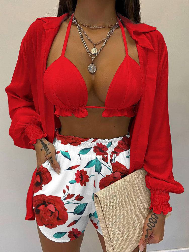 3PCS Printed Shirt & Shorts Set With Bra