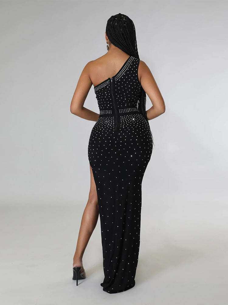 Women's Rhinestone One Shoulder Slit Dress