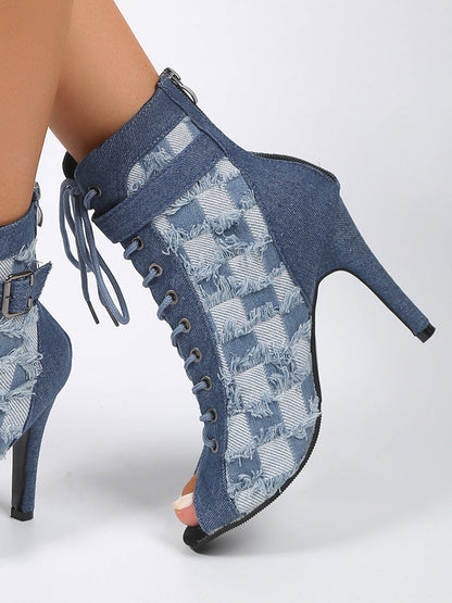 Hollow Out Lace-up Denim Boots