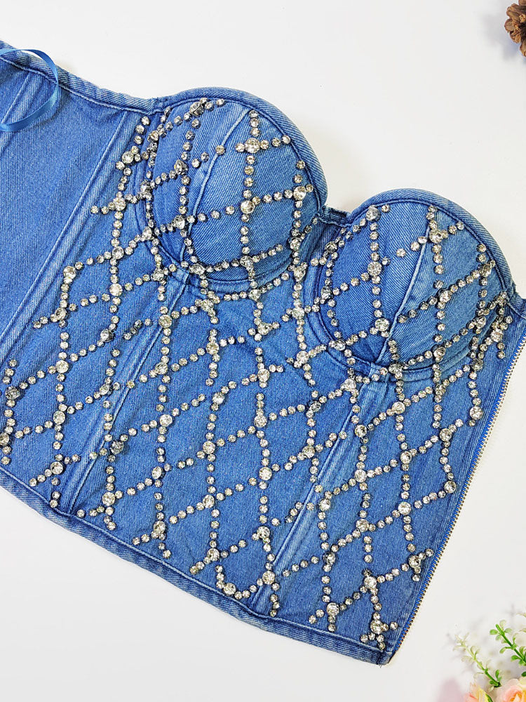 Rhinestone Denim Bustier Top