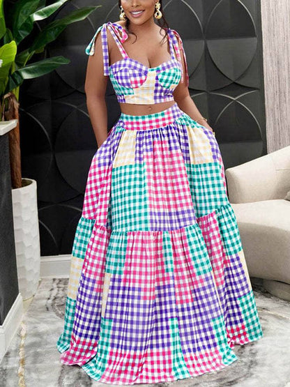 Plaid Color Block Crop Top Maxi Skirt Set