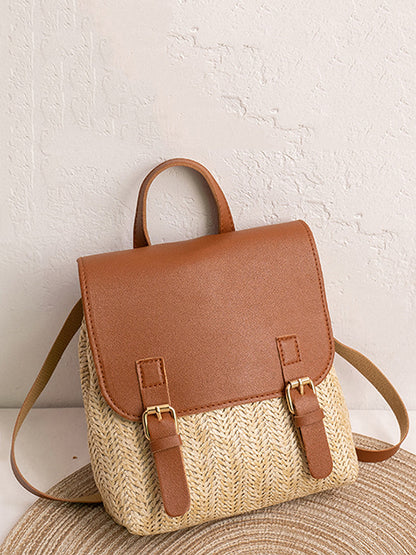 Women's Leather Braided Flap Straw Backpack