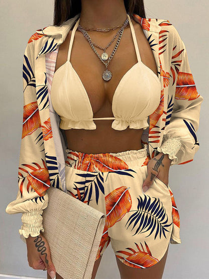 3PCS Printed Shirt & Shorts Set With Bra