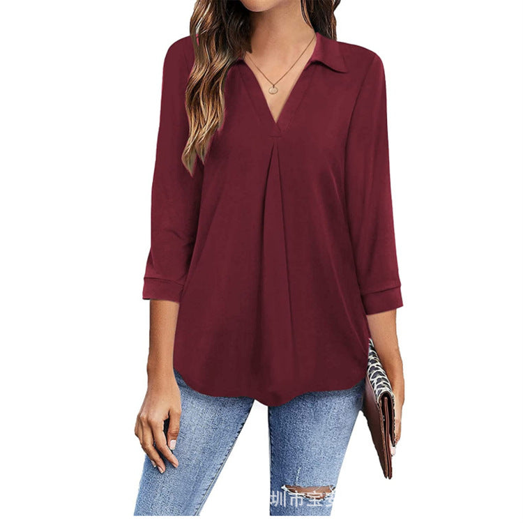 V-neck Top Solid Color Loose-Fitting Large Size Shirt