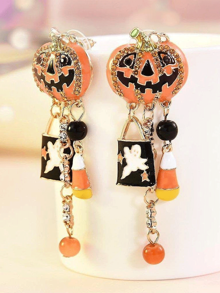 Women's Halloween Pumpkin Rhinestone Earrings