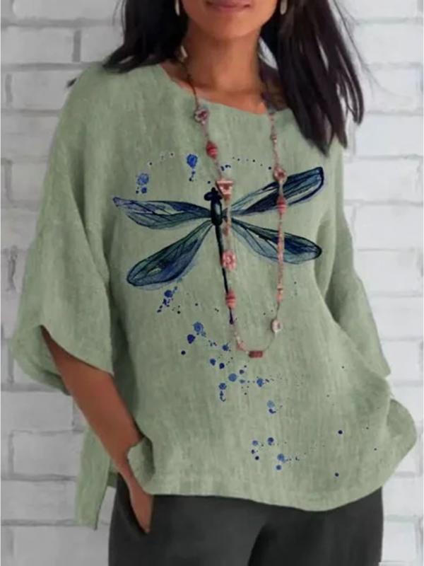 Women's Dragonfly Printed Mid-Length Sleeve Tunic Top